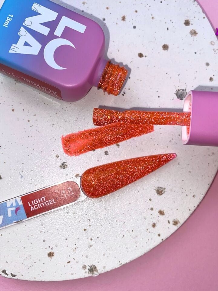 LUNAmoon. Light Acrygel #44 Bright red shimmer, 13 ml, gel reflectante líquido, rojo-naranja con shimmer #5
