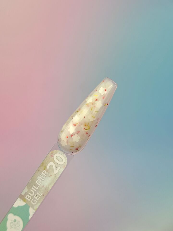 You Are Cute. Builder Gel #20, 15 ml, гель для нарощування з білими квіточками та кольоровими частинками #3