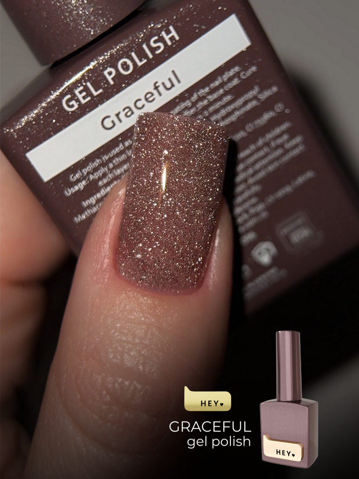 HEYLOVE. Reflective Gel Polish, GRACEFUL, 15 ml, гель-лак, припилено-рожевий зі срібними світловідбиваючими частинками #2