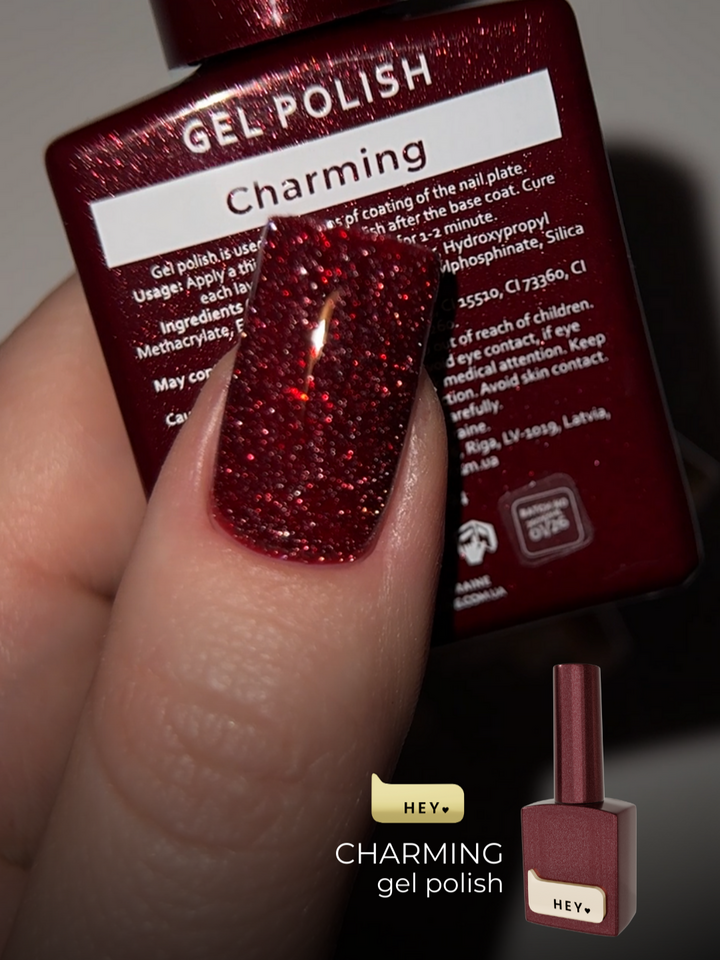 HEYLOVE. Reflective Gel Polish, CHARMING, 15 ml, гель-лак, глибокий бордовий зі срібними світловідбиваючими частинками #2