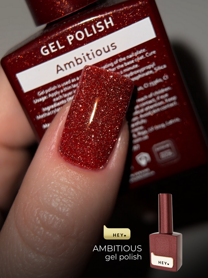 HEYLOVE. Reflective Gel Polish, AMBITIOUS, 15 ml, гель-лак, яскравий червоний зі срібними світловідбиваючими частинками #2
