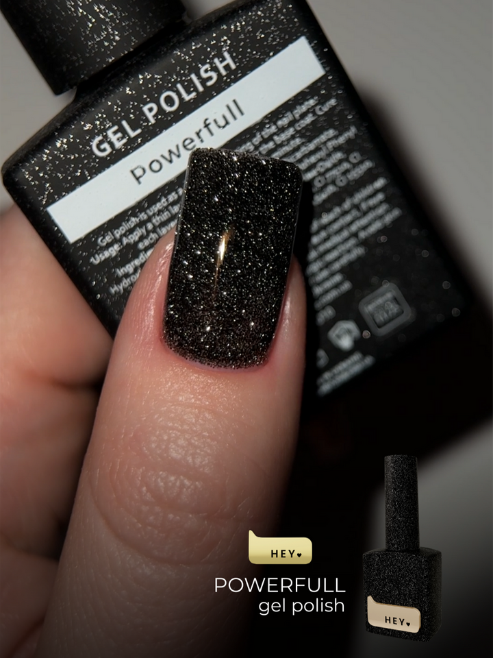 HEYLOVE. Reflective Gel Polish, POWERFUL, 15 ml, гель-лак, чорний зі срібними світловідбиваючими частинками #2
