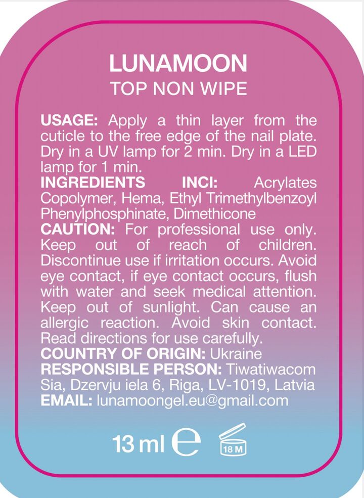 LUNAmoon. Non Wipe Top Coat, 13 ml, глянцевий топ без липкого шару #3
