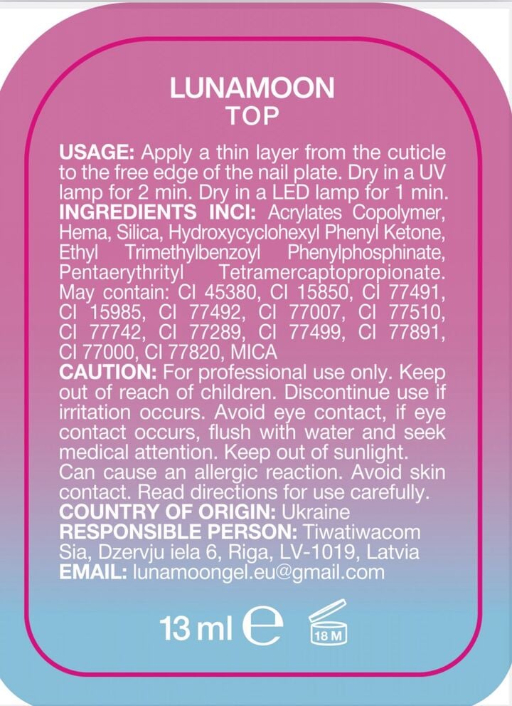 LUNAmoon. Pink Top Coat, 13 ml, top con partículas brillantes rosas #6