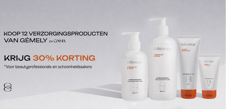 KOOP 12 VERZORGINGSPRODUCTEN VAN GÉMELY EX GAMA
KRIJG 30% KORTING
*Voor beautyprofessionals en schoonheidssalons